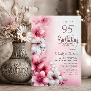 Pink and White Floral 95th Birthday Party Invitation