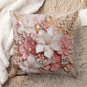 Pink and White Floral and Pearls Throw Pillow