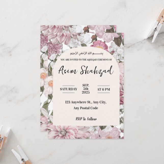 Pink and white floral Aqeeqah or Ameen Invitation (Front/Back In Situ)