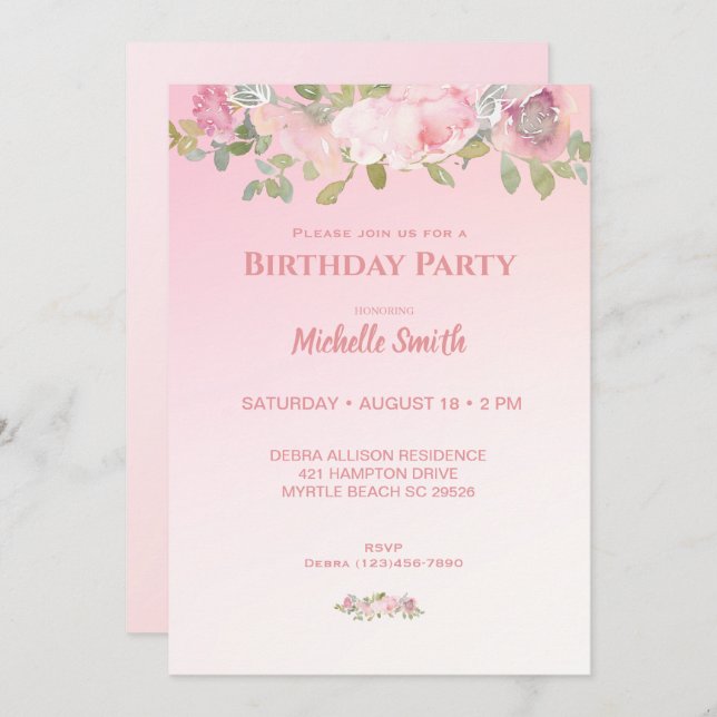  Pink and White Floral Birthday Party   Invitation (Front/Back)