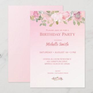 Pink and White Floral Birthday Party Invitation