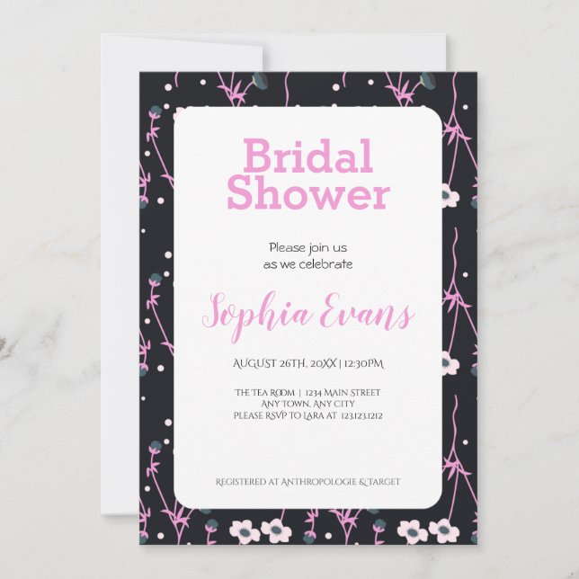 Pink and White Floral Border White Bridal Shower Invitation (Front)
