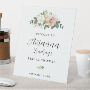 Pink and White Floral Bridal Shower Welcome Pedestal Sign