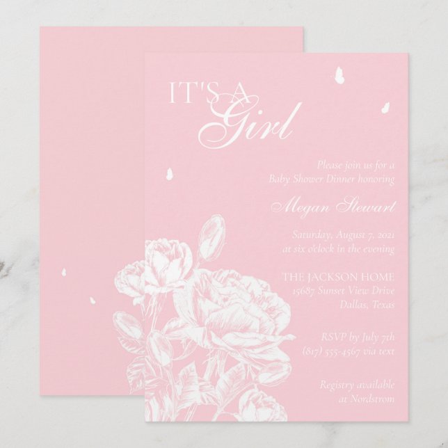 Pink and White Floral Butterfly Baby Shower Invitation (Front/Back)