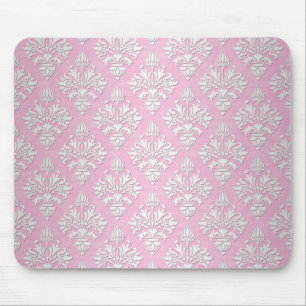 Pink and White Floral Damask Pattern Mouse Mat