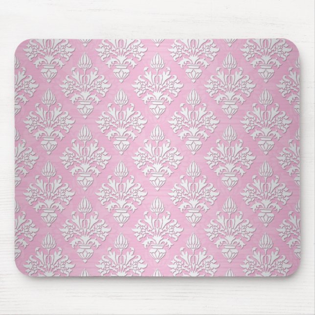 Pink and White Floral Damask Pattern Mouse Mat (Front)