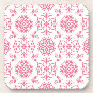 Pink and White Floral Damask Style Pattern Coaster