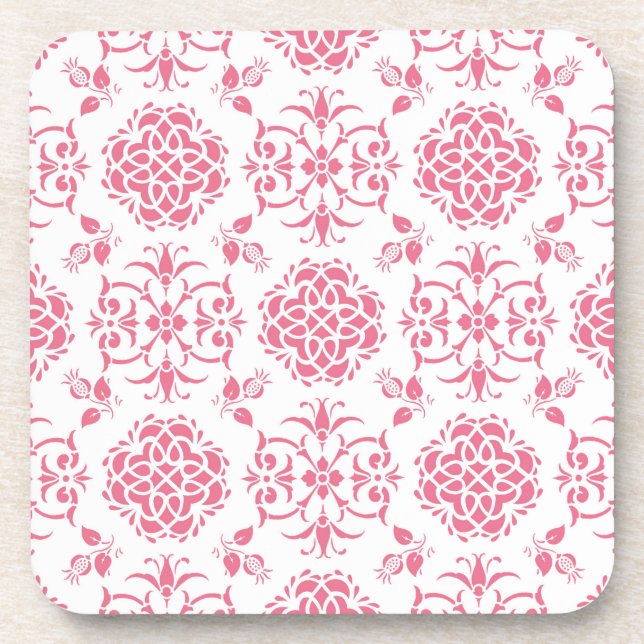 Pink and White Floral Damask Style Pattern Coaster (Front)