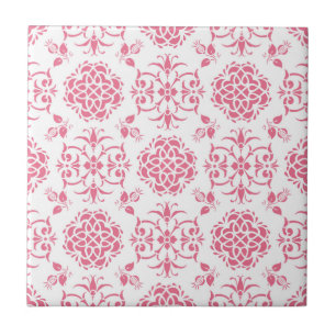 Pink and White Floral Damask Style Pattern Tile