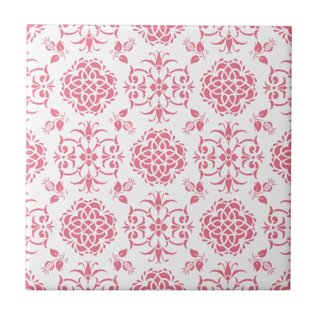 Pink and White Floral Damask Style Pattern Tile (Front)