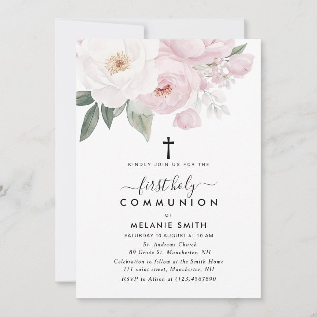 pink and white floral first holy communion invitation (Front)