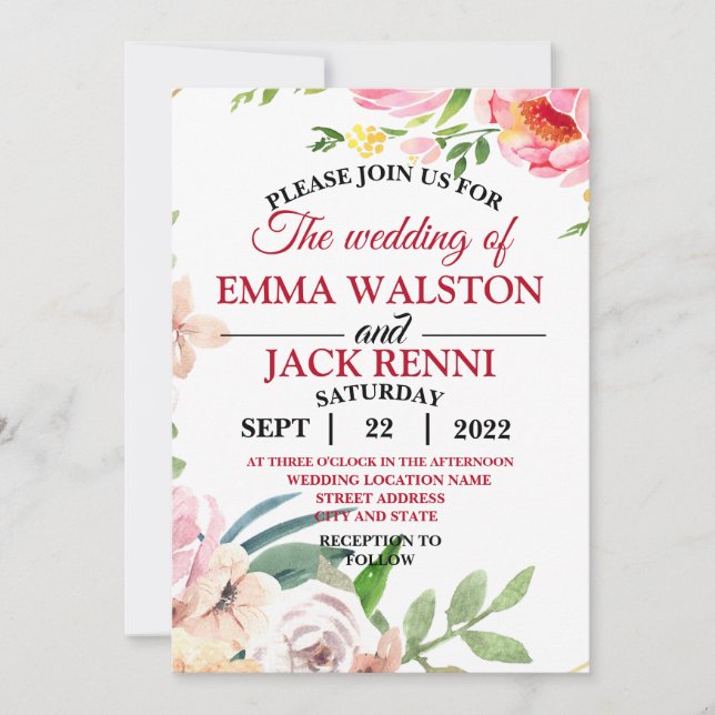 Pink and White Floral Greenery Wedding Invitation (Front)