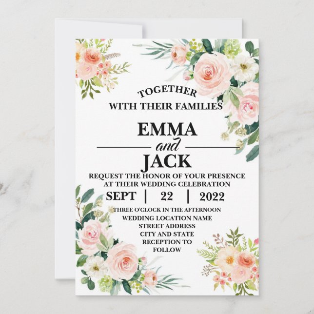 Pink and White Floral Greenery Wedding Invitation (Front)