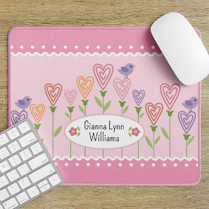 Pink and White Floral Hearts Monogrammed Mouse Mat