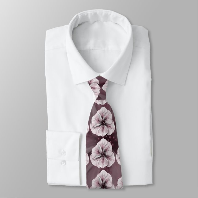 Pink and White Floral on Burgundy Tie (Tied)