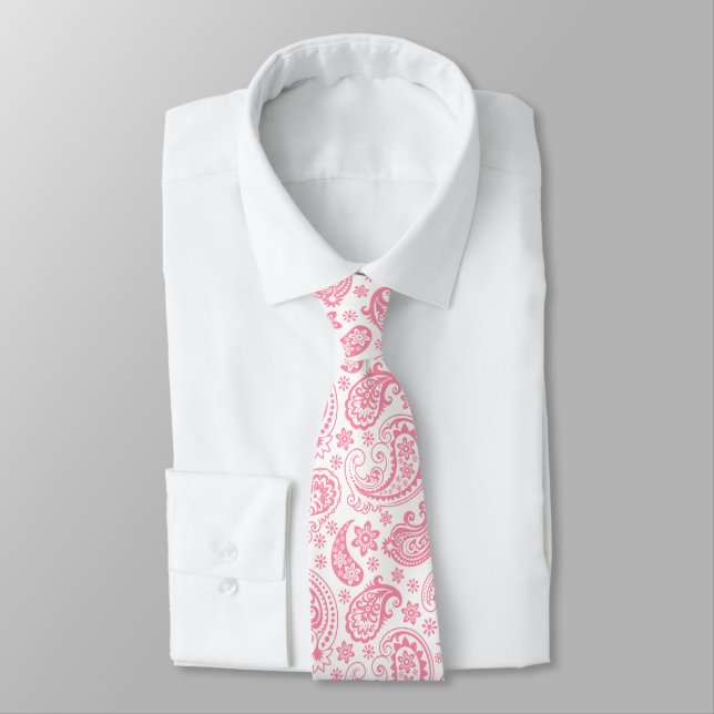 Pink and White Floral Paisley Pattern Tie (Tied)