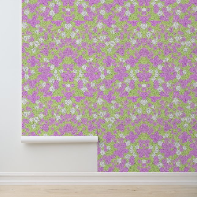 Pink and White Floral Pattern on Light Green Wallpaper (Application)