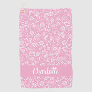 Pink And White Floral Personalised Name Women Golf Towel