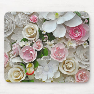 Pink and white floral print mouse mat