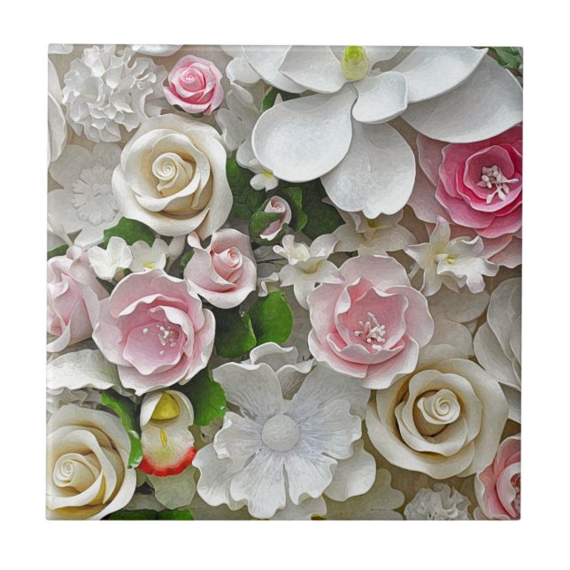 Pink and white floral print tile (Front)