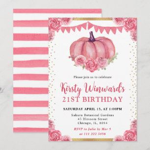 Pink and White Floral Pumpkin Fall 21st Birthday Invitation
