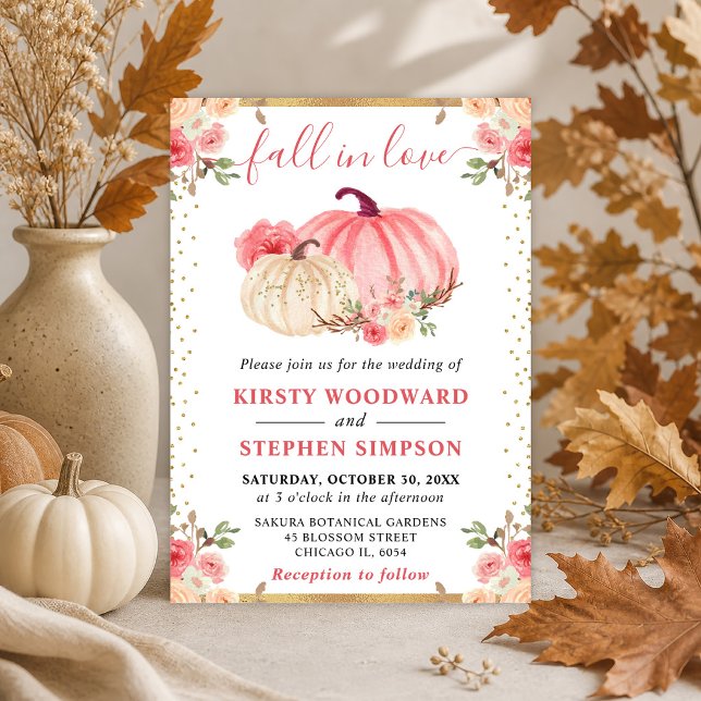 Pink and White Floral Pumpkins Fall Wedding Invitation (Creator Uploaded)