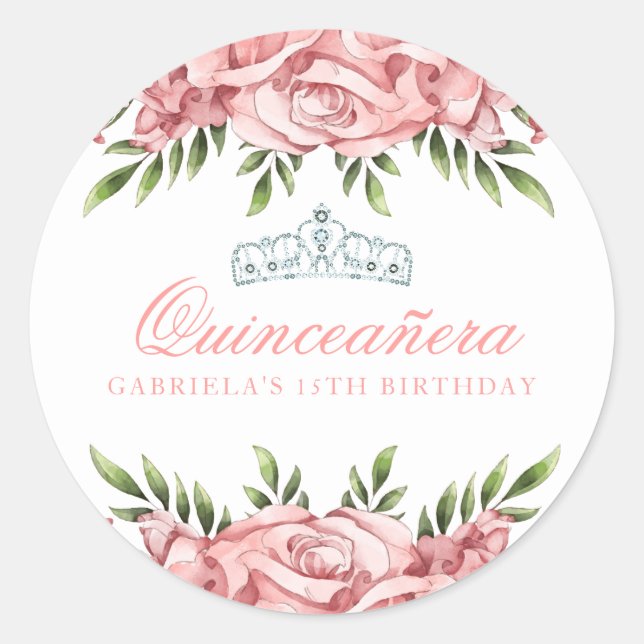 Pink and White Floral Quinceanera Classic Round Sticker (Front)