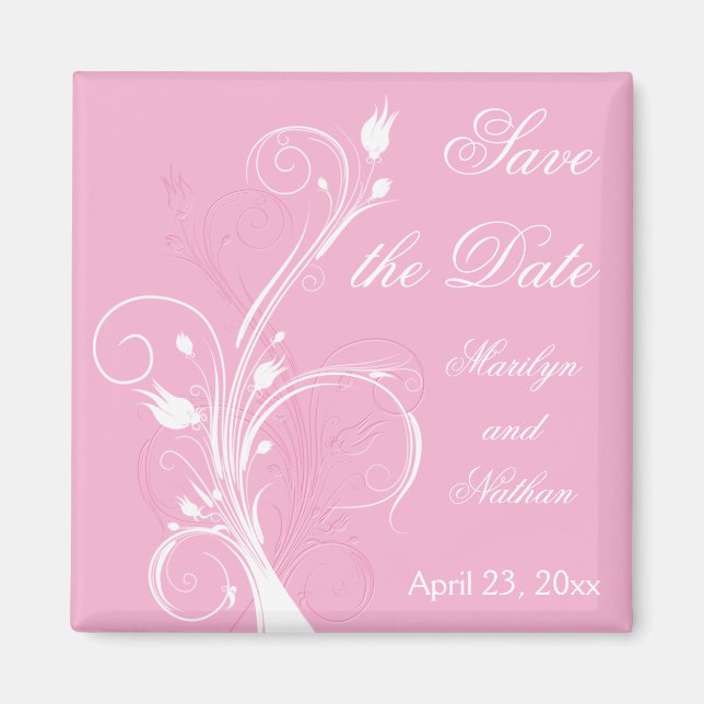 Pink and White Floral Save the Date Magnet (Front)