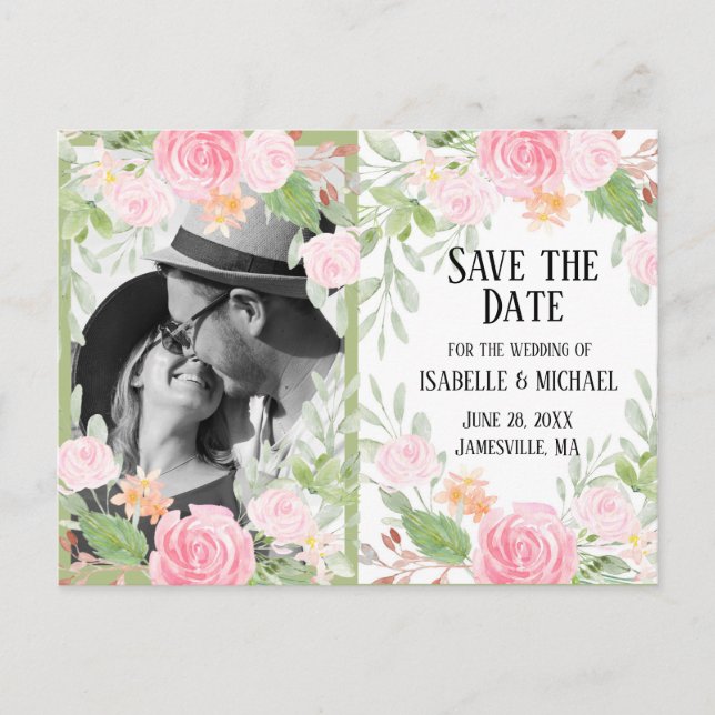Pink and White Floral Save the Date Postcard (Front)