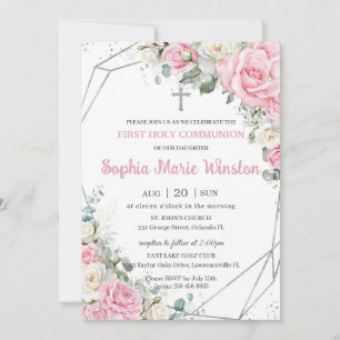 Pink and White Floral Silver First Holy Communion  Invitation