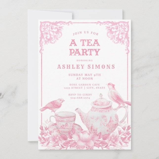 Pink and White Floral Tea Party Invitation (Front)
