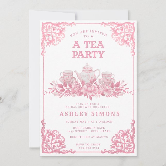 Pink and White Floral Tea Party Invitation (Front)