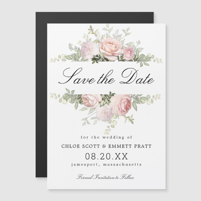 Pink and White Floral Wedding Save the Date Magnetic Invitation (Front/Back)