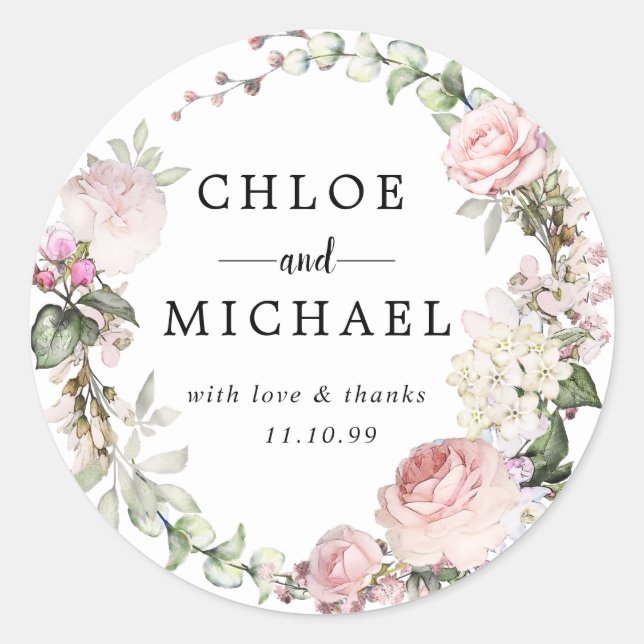 Pink and White Floral Wedding Thank You Favour Sea Classic Round Sticker (Front)