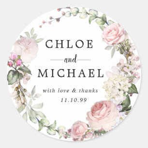 Pink and White Floral Wedding Thank You Favour Sea Classic Round Sticker