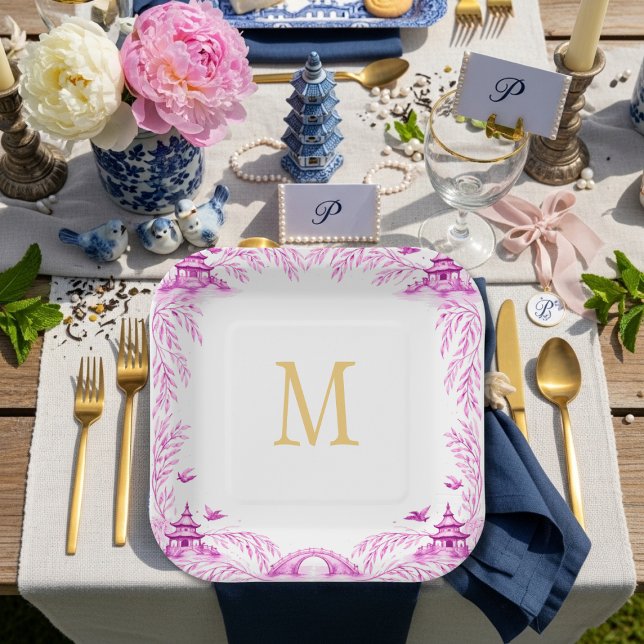 Pink and White Floral Willow Tile Monogram Paper Plate (Pink and White Floral Willow Tile Monogram Paper Plates)