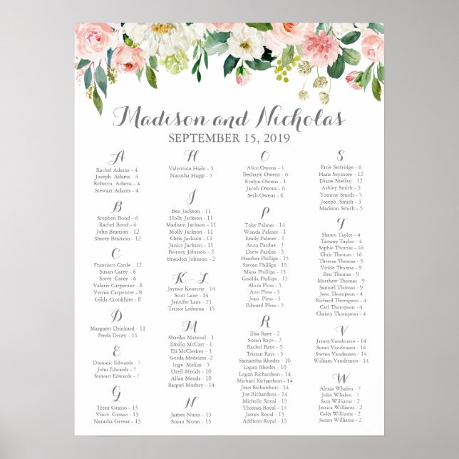 Pink and White Flower Alphabetical Seating Chart (Front)