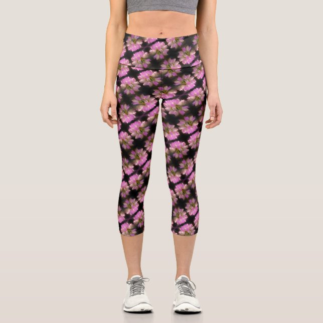 Pink And White Flower Close Up Pattern      Neck Capri Leggings (Front)