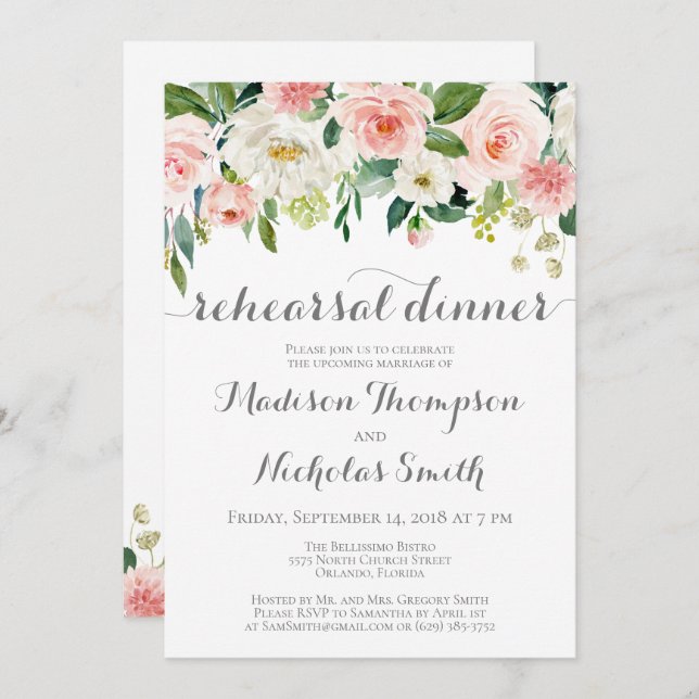 Pink and White Flower Rehearsal Dinner Invitations (Front/Back)