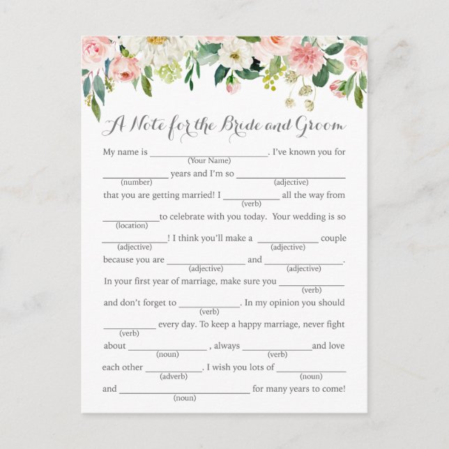 Pink and White Flower Wedding Advice Cards (Front)