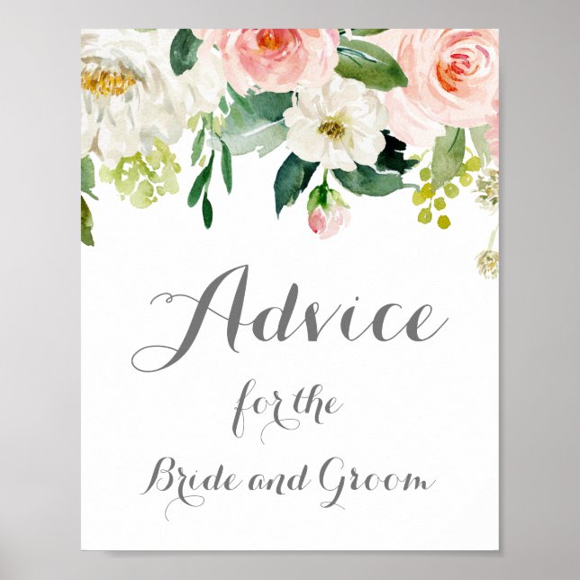 Pink and White Flower Wedding Advice Sign Poster (Front)