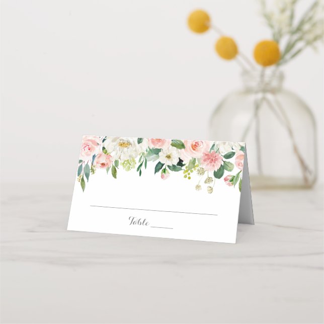Pink and White Flower Wedding Folded Place Cards (Front)