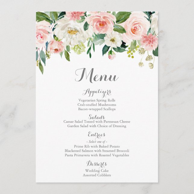 Pink and White Flower Wedding Menu Cards (Front)