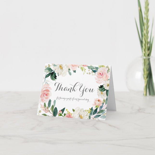 Pink and White Flower Wedding Party Thank You Card (Front)