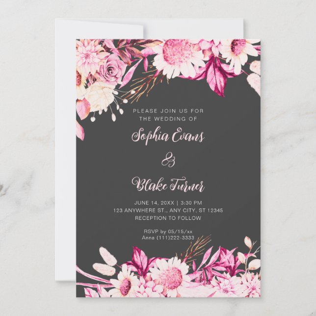 Pink and White Flowers Boho Grey Wedding Invitation (Front)