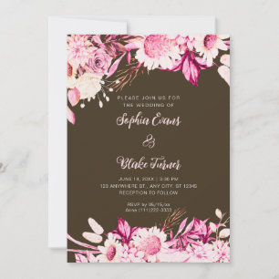 Pink and White Flowers Boho Wood Brown Wedding Invitation