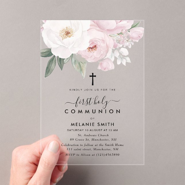 Pink and white flowers first holy communion acrylic invitations (Insitu (Handheld))