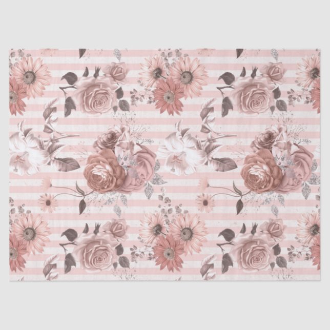 Pink and White Flowers on Striped Decoupage Tissue Paper (Front)