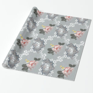 Pink And White Flowers Over Grey Background Wrapping Paper