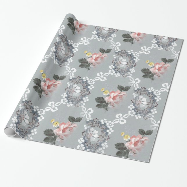 Pink And White Flowers Over Grey Background Wrapping Paper (Unrolled)